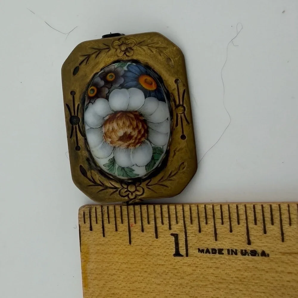 Vintage Antique Brass Porcelain Flower Brooch Pin Hand Painted Victorian Style